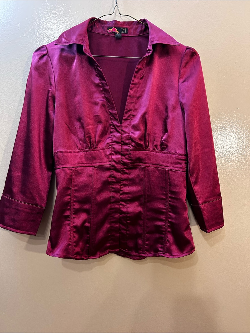 21 Satin Button-Down Blouse in Deep Magenta